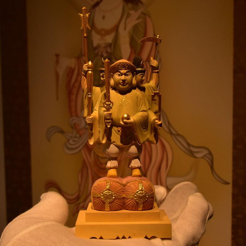 木彫り仏像 【小仏】柘植三面出世大黒天 淡彩色 比叡山形三面 木彫り仏像 【小仏】柘植三面出世大黒天 淡彩色 比叡山形三面