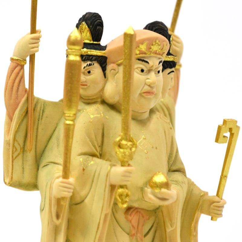 木彫り仏像 【小仏】柘植三面出世大黒天 淡彩色 比叡山形三面