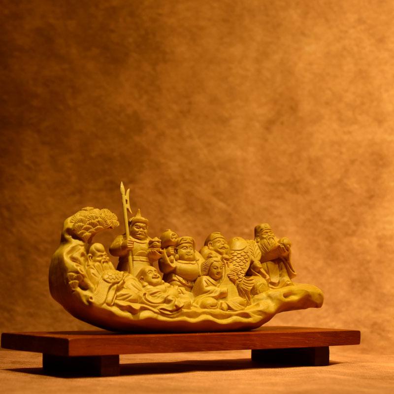 M▽七福神 彫刻 木彫り 一刀彫 緑檀 (38206) M▽七福神 彫刻 木彫り 一刀彫 緑檀 (38206) M▽七福神 彫刻