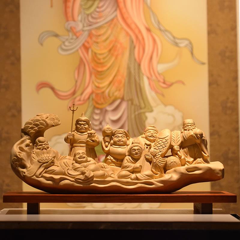 招福開運 木彫り仏像 桧木一本彫【七福神】 幅28cm ひのき : 海