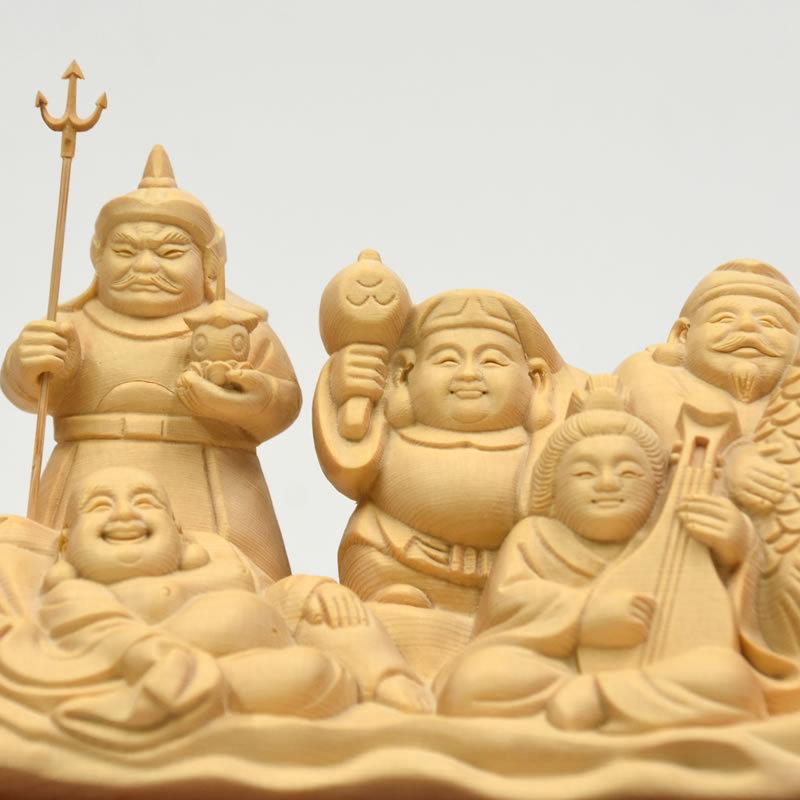 招福開運 木彫り仏像 桧木一本彫【七福神】 幅28cm ひのき : 海