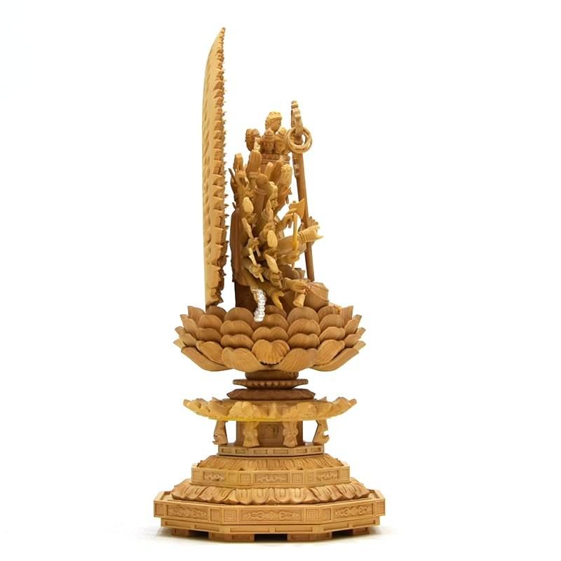 木彫り仏像 飛天光背八角台 柘植 坐2.0寸 総高22cm 干支お