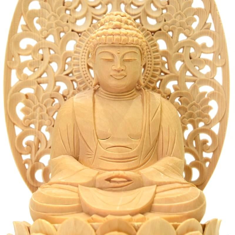 木彫り仏像 【釈迦如来】 唐草光背六角台 桧木 坐2.5寸 : 海宇工芸館 
