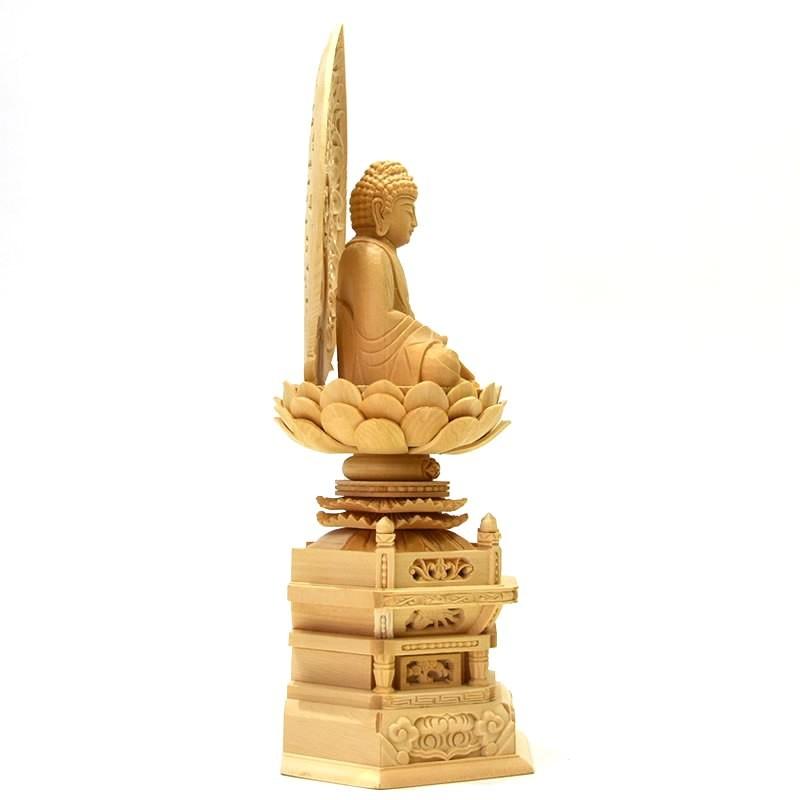 木彫り仏像 【釈迦如来】 唐草光背六角台 桧木 坐2.5寸 : 海宇工芸館 