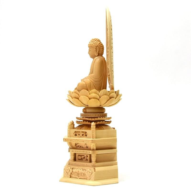 木彫り仏像 【釈迦如来】 唐草光背六角台 桧木 坐2.5寸 : 海宇工芸館 