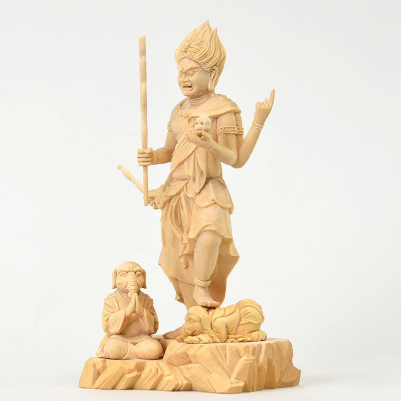 木彫り仏像 上彫【烏枢沙摩明王（うすさまみょうおう）四臂像】 桧木立