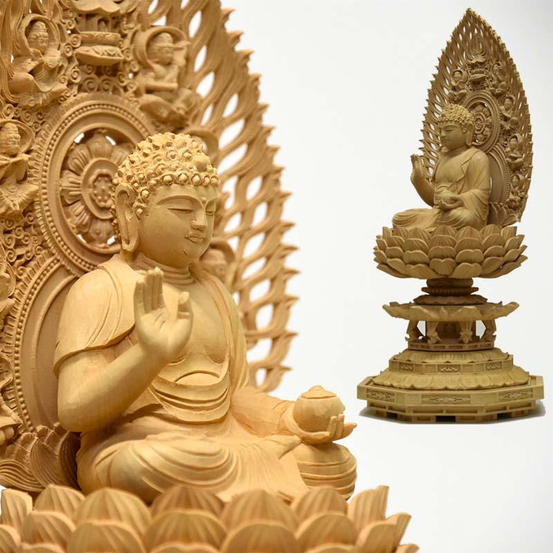木彫り仏像 【薬師如来】 飛天光背八角台 柘植 坐2.0寸 : 海宇 木彫り仏像 【薬師如来】 飛天光背八角台 柘植 坐2.0寸 : 海宇