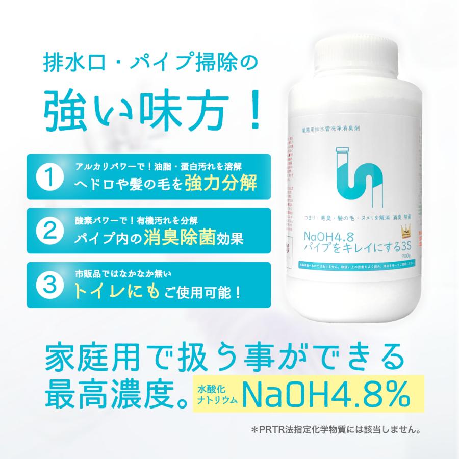 パイプクリーナー 最強 排水 パイプ 排水溝 掃除 キッチン パイプ 洗浄剤 最強 NaOH4.8 パイプをキレイにする3S 900g｜kaiun3s-group｜04