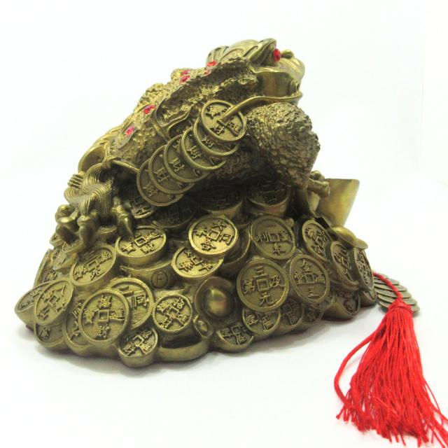 三脚蟾蜍 金蟾 三本脚の蛙 元宝 置物 銅製 十帝古銭付き 風水グッズ