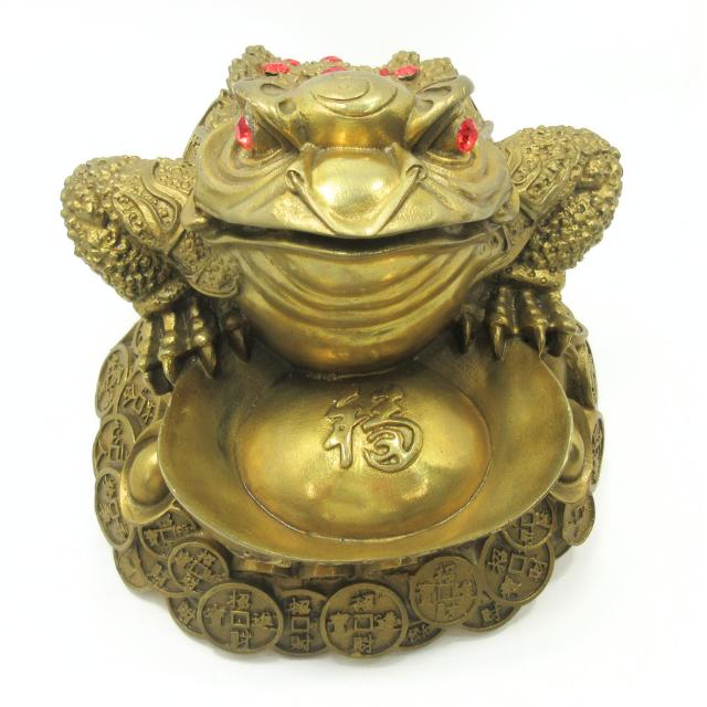 三脚蟾蜍 金蟾 三本脚の蛙 元宝 置物 銅製 十帝古銭付き 風水グッズ