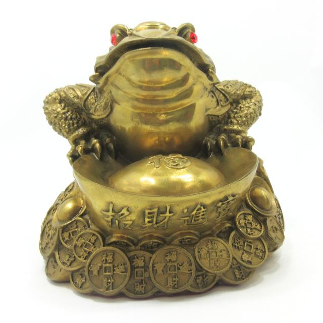 三脚蟾蜍 金蟾 三本脚の蛙 元宝 置物 銅製 十帝古銭付き 風水グッズ