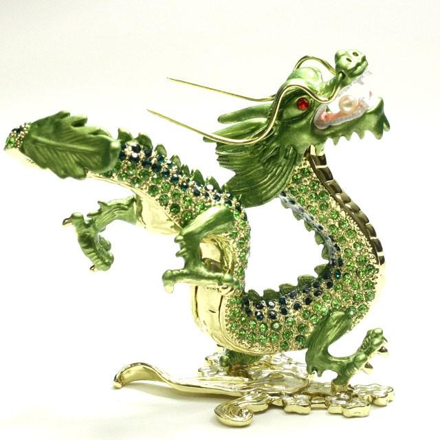風水グッズ 雲の上に乗る願い龍 龍 緑龍 置物 （ ラインストーン