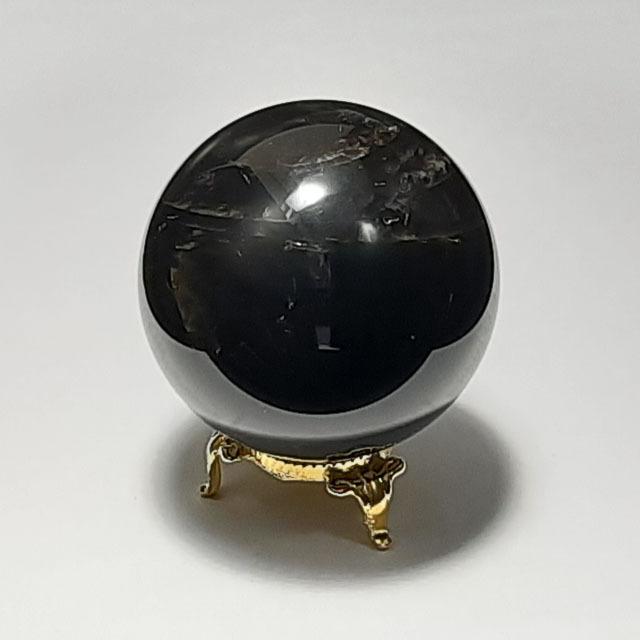 モリオン丸玉 553g 74mm 台座付き モリオン（黒水晶）丸玉 置き