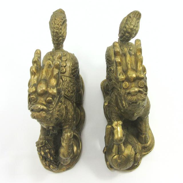 麒麟 置物 一対 銅製 キリン 高さ12cm 奥行14.5cm 風水 瑞獣 宝珠 子