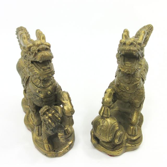 麒麟 置物 一対 銅製 キリン 高さ12cm 奥行14.5cm 風水 瑞獣 宝珠 子