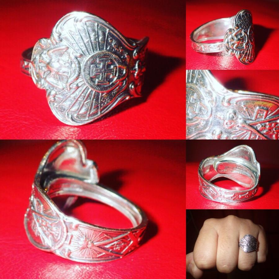指輪 ビンテージ フリーメイソン スプーンリング 18号 58 6mm 指輪 スターリングシルバー リング 秘密結社 銀 32階位 双頭鷲 テンプル騎士 団