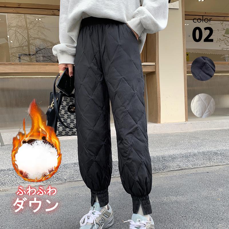 ダウンパンツホワイト キルティング ＬLサイズ ダウンパンツ 中綿 レディース リブ キルティング 冬 暖パン M L XL