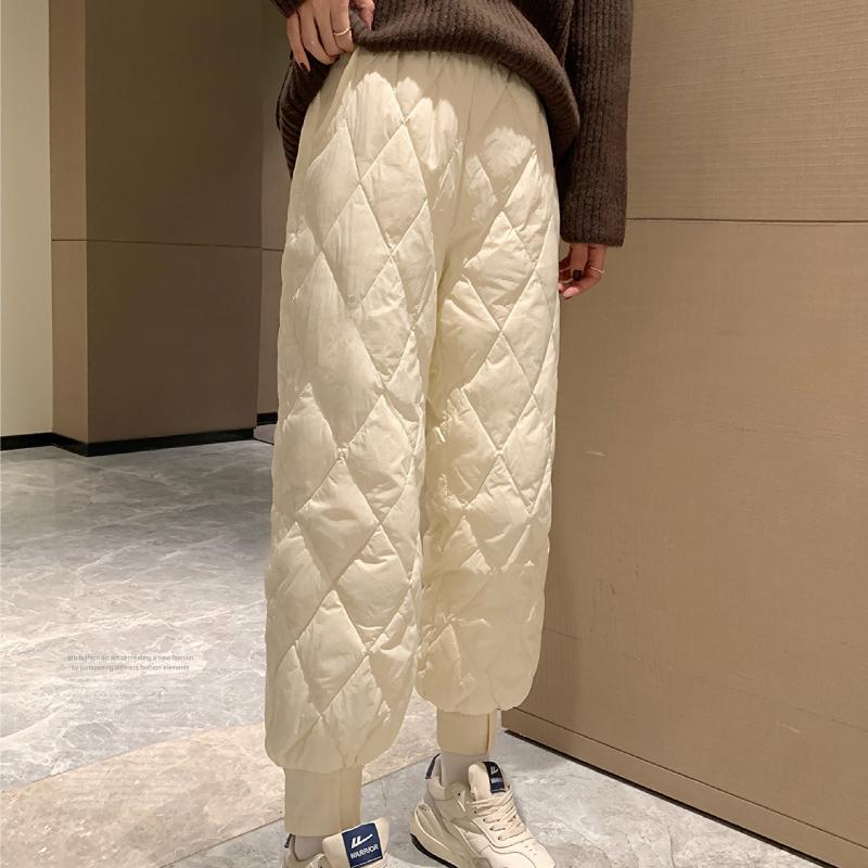 ダウンパンツ 中綿 レディース リブ キルティング 冬 暖パン M L XL