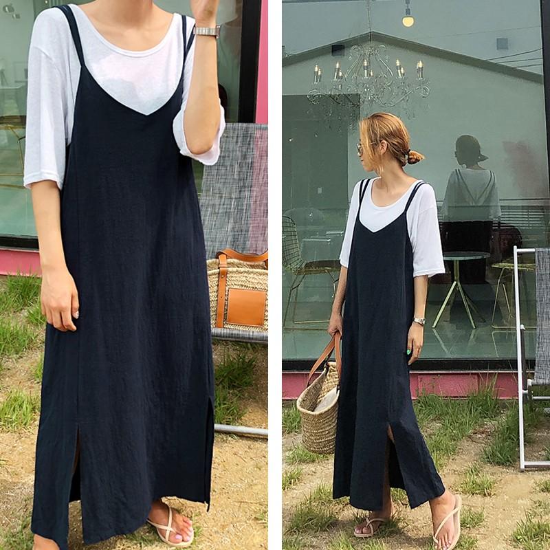 クロス ストラップ ワンピース スカート 綿リネン レディース 春 夏 ブラウン ネイビー フリー スリット 肩紐 クロス リゾート マキシワンピース Aone0017 カジコム 通販 Yahoo ショッピング
