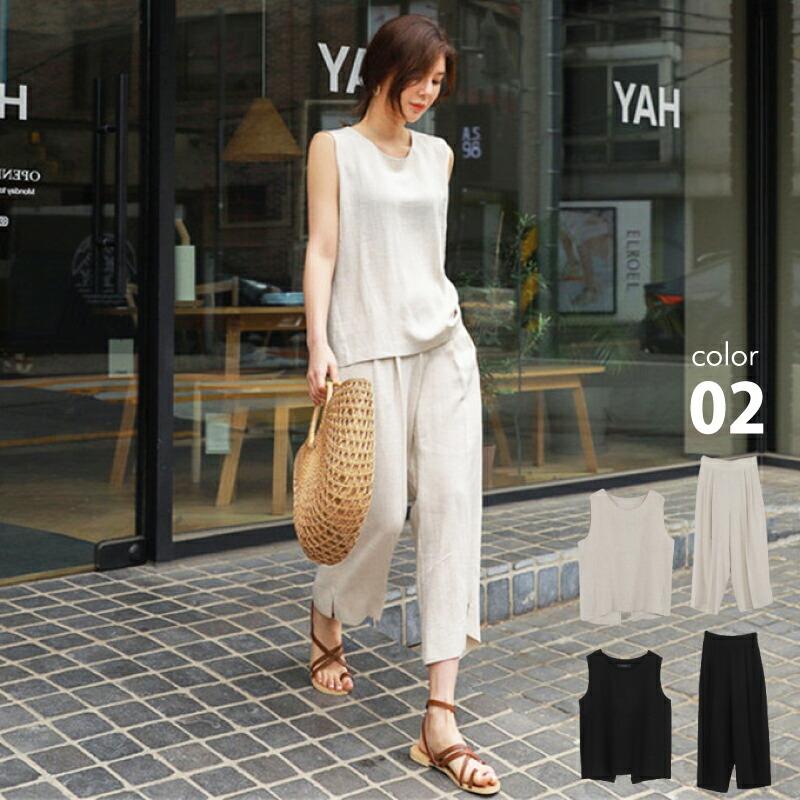 ノースリーブ セットアップ リネン 麻 レディース シンプル 春 夏 秋 ブラック ベージュ M L XL :aset0111:カジコム - 通販 -  Yahoo!ショッピング
