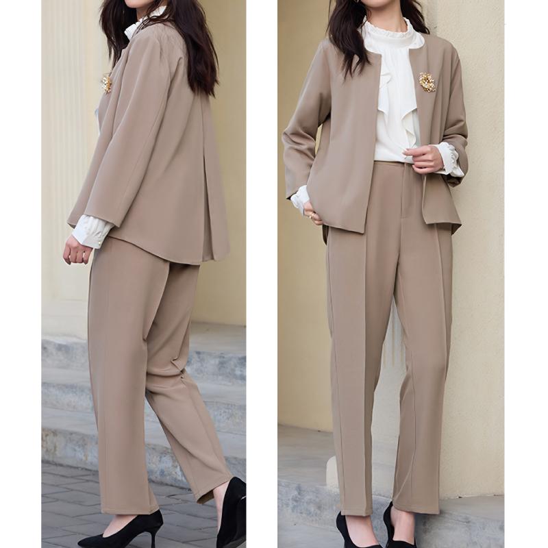 2点セット きれいめ パンツスーツ ラウンドネック ジャケット ノー