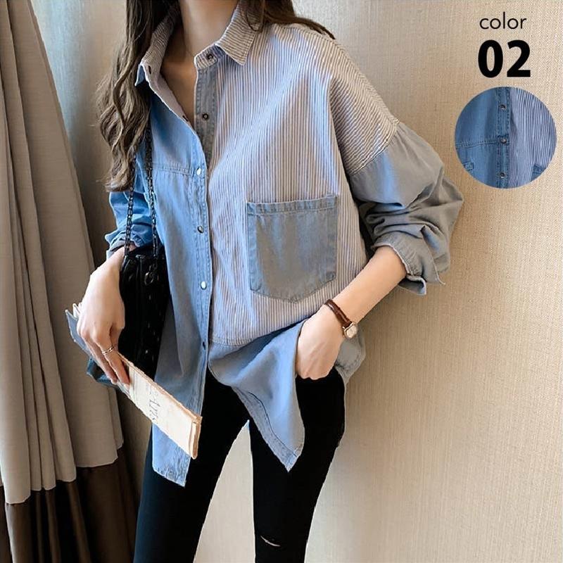 シャツ レディース ブラウス 長袖 デニムシャツ タンガリーシャツ 春 秋 冬 ライトブルー ネイビー S 2xl デニム ストライプ Atop0461 カジコム 通販 Yahoo ショッピング