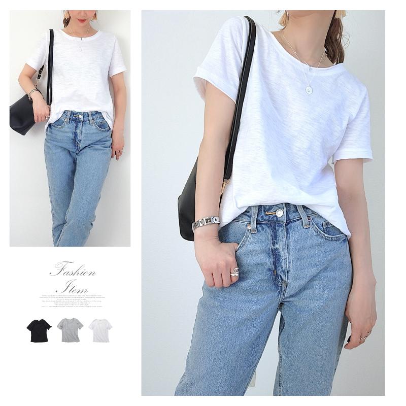 tシャツ レディース 半袖 白 カットオフ スラブTシャツ 春 夏 全3色