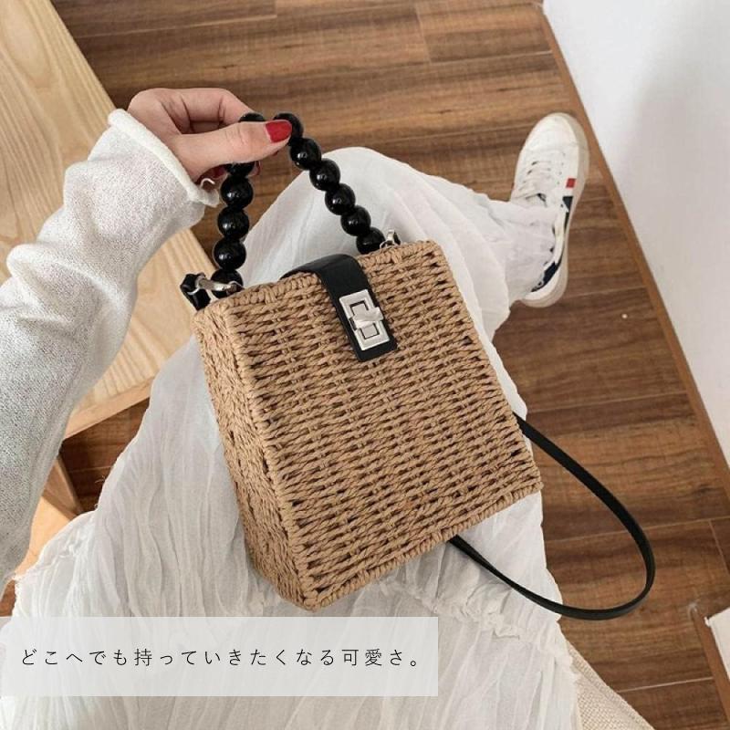 カゴバッグ ストローバッグ ビーズハンドル ショルダーバック