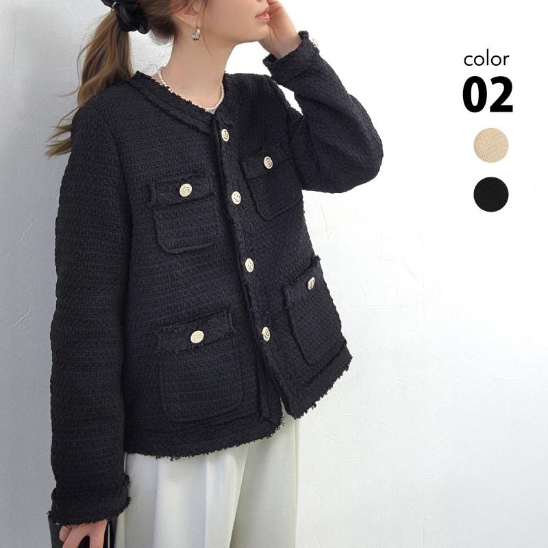 極美品✨ダーマコレクション ツイードノーカラージャケット フリンジ ツイードジャケット フリンジ ノーカラー 上品 フォーマル カジュアル