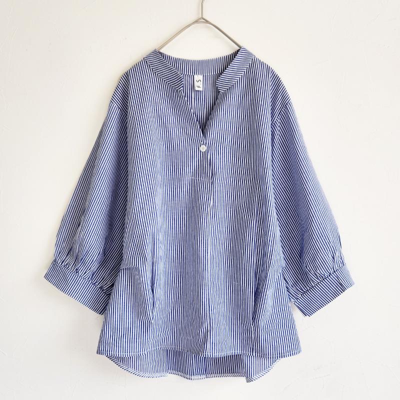 ストライプ シャツ バトンカラー スタンドカラー ランタンスリーブ