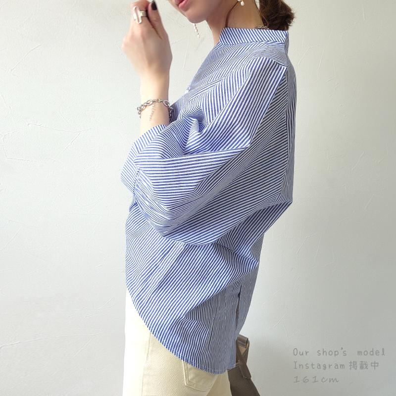 ストライプ シャツ バトンカラー スタンドカラー ランタンスリーブ