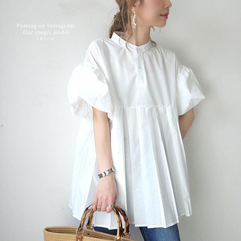 ブラウス チュニック プリーツ ぽわん袖 半袖 レディース ブラック