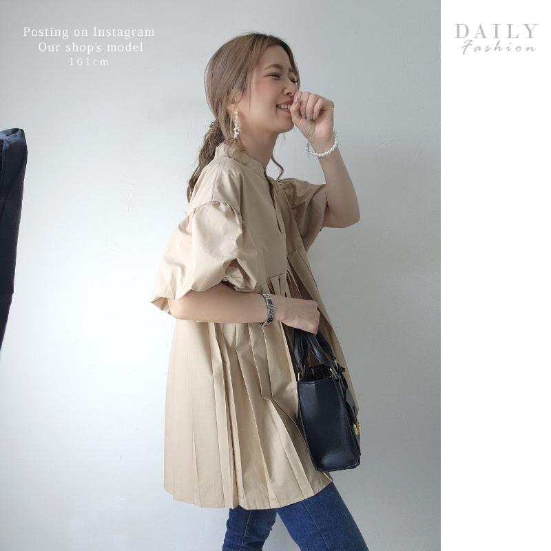 ブラウス チュニック プリーツ ぽわん袖 半袖 レディース ブラック