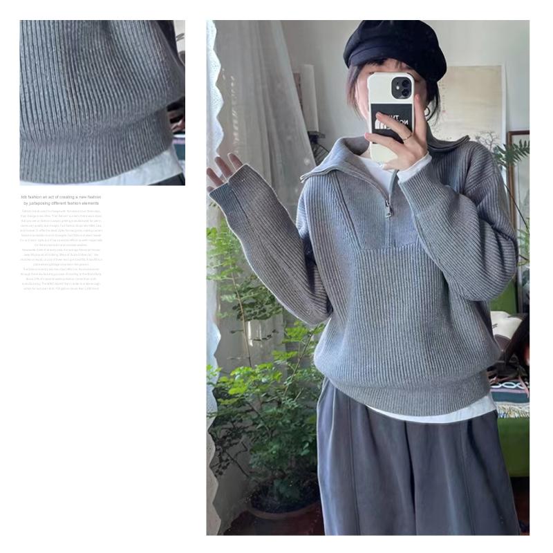 ニット ハーフジップ リブ編み トップス レディース 長袖 フリーサイズ