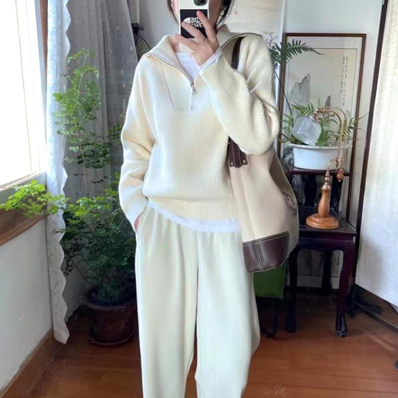 ニット ハーフジップ リブ編み トップス レディース 長袖 フリーサイズ