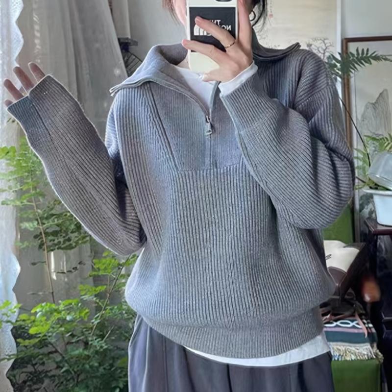 ニット ハーフジップ リブ編み トップス レディース 長袖 フリーサイズ