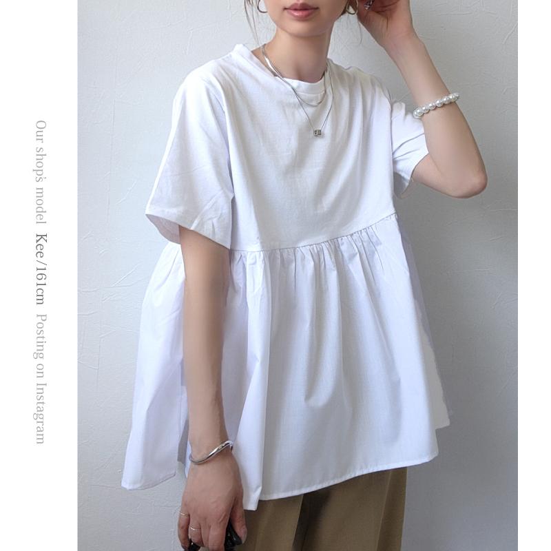 ペプラム トップス レディース 半袖 切り替え Tシャツ カットソー