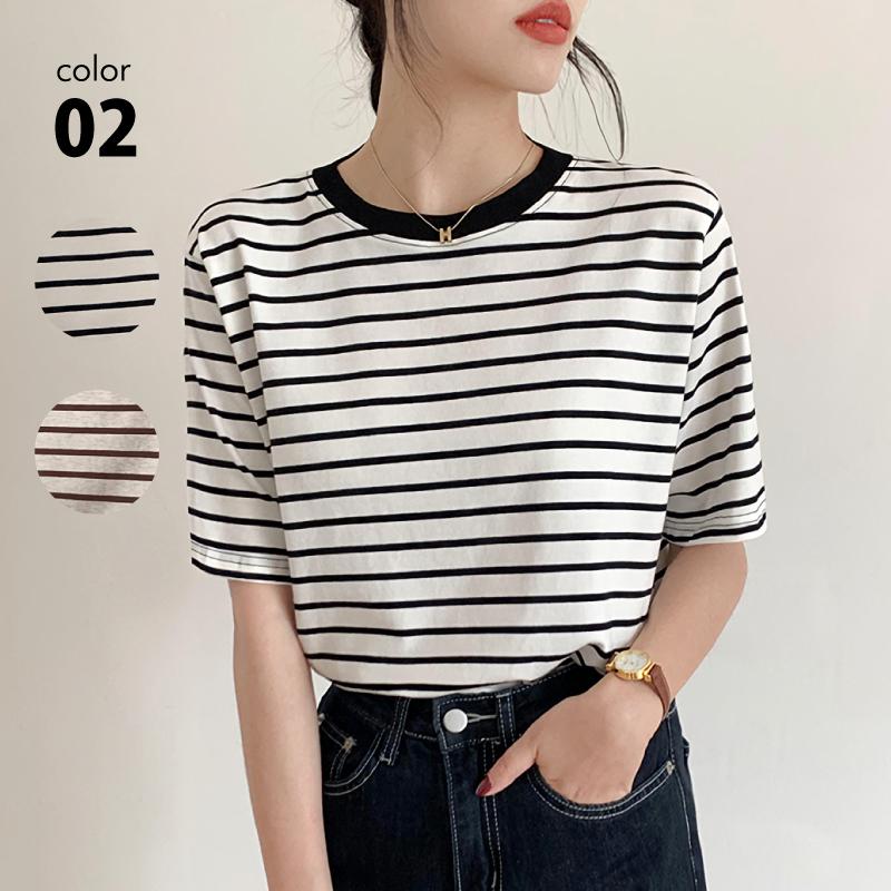 ボーダー Tシャツ 半袖 レディース ゆったり ブラック ベージュ フリー プルオーバー ラウンドネック 五分袖 トップス シンプル Ntop0042 カジコム 通販 Yahoo ショッピング