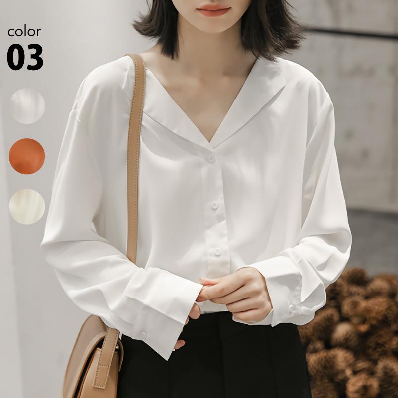 オープンカラー シャツ ブラウス レディース 長袖 とろみシャツ ホワイト ブラウン ベージュ フリー とろみブラウス Ntop0065 カジコム 通販 Yahoo ショッピング