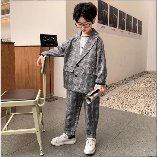 スーツ ２点セット キッズ チェック ゆるい 軽い グレー グリーン ゆったり 楽ちん 韓国子供服 | ブランド登録なし | 01