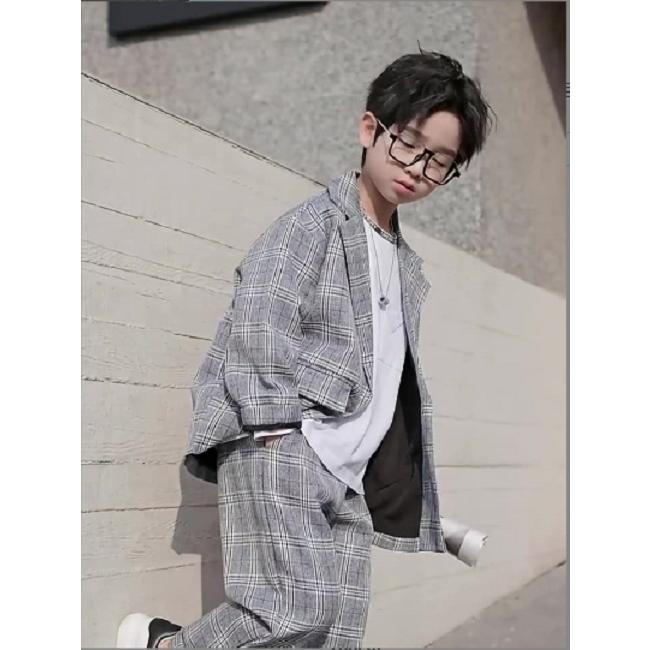 スーツ 2点セット キッズ チェック ゆるい 軽い グレー グリーン