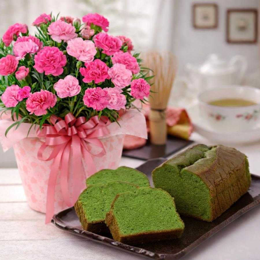 母の日 プレゼント 2026 花とスイーツ カーネーション さくらもなか＆抹茶チーズケーキ お菓子付き 60代 70代 80代 送料無料（Yahoo!・FleurTown吉本花城園）