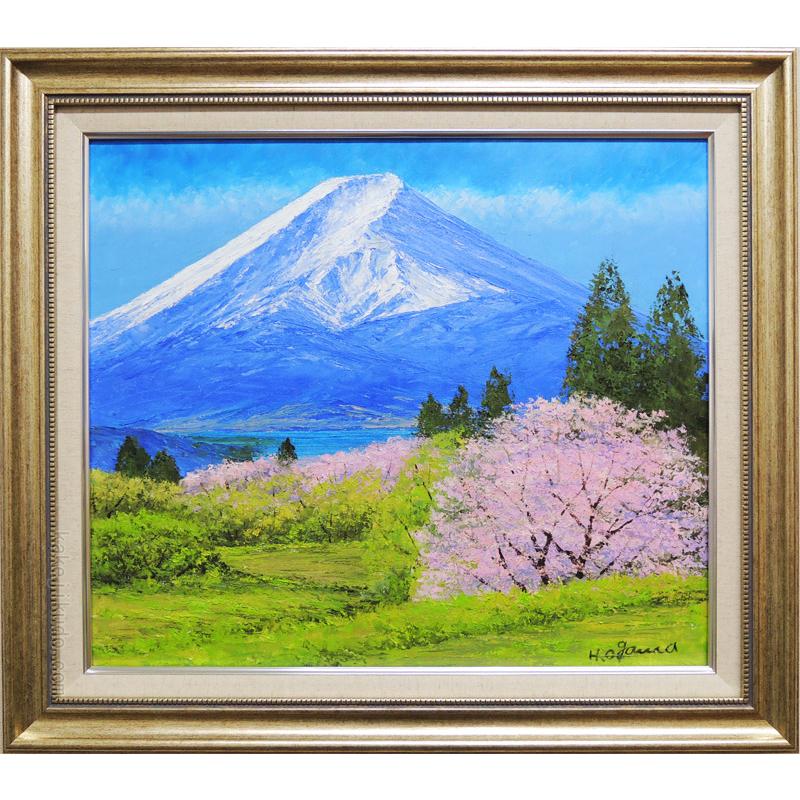 絵画 油絵 富士山と桜 （小川久雄） 【肉筆】【油絵】【桜絵】【海・山