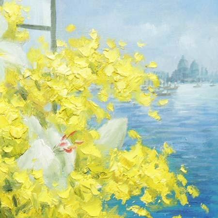絵画 油絵 ミモザとカサブランカ (堀哲夫) 【肉筆】【油絵 絵画 油絵 ミモザとカサブランカ (堀哲夫) 【肉筆】【油絵