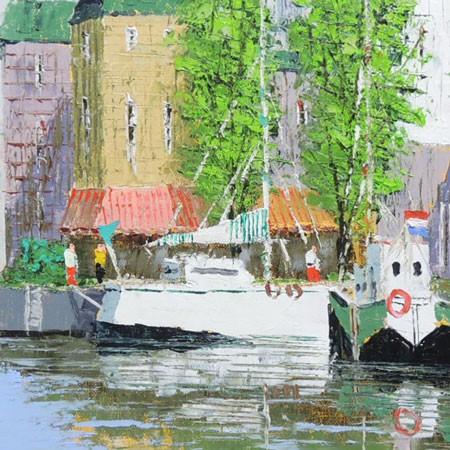 絵画 油絵 運河のある街（アムステルダム） （黒沢久） 【肉筆】【油絵 