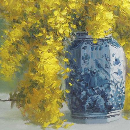 絵画 油絵 ミモザ（堀哲夫） 【肉筆】【油絵】【花】【10号】 : 掛け軸
