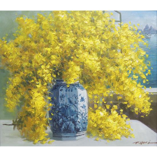 絵画 油絵 ミモザ（堀哲夫） 【肉筆】【油絵】【花】【10号】 : 掛け軸