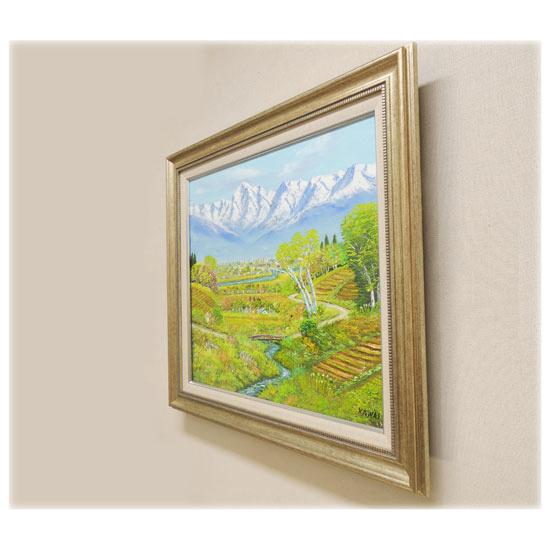川合修二 白樺 油彩画 白樺と山の風景 油絵 絵画 油絵 立山連峰山麓 （