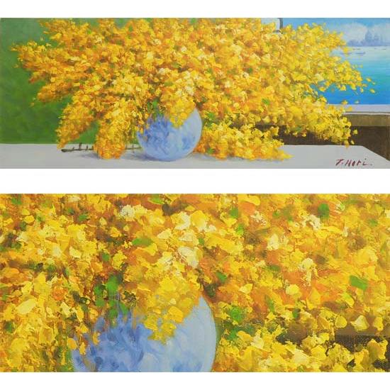 絵画 油絵 ミモザ （堀哲夫） 【肉筆】【油絵】【花】【横長