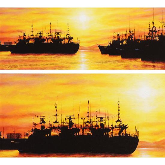 絵画 油絵 朝の港 (里中游) 【肉筆】【油絵】【風景】【横長 絵画 油絵 朝の港 (里中游) 【肉筆】【油絵】【風景】【横長